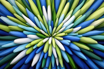Poster - Abstract geometric explosion of vibrant colors, radiating outward from a central point, composed of numerous, pointed, 3D shapes
