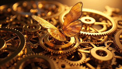 Poster - abstract background with mechanisms and butterflies . Generative AI