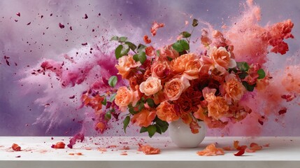 Aufkleber - Frontal close-up of a vivid red-orange flower bouquet blending beautifully into a textured canvas background