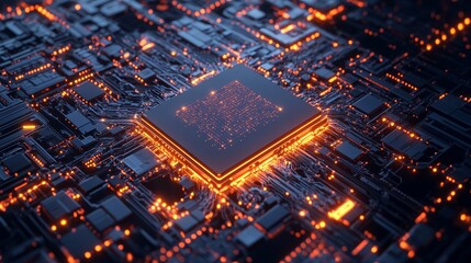 Aufkleber - Close-up View of a Glowing Microchip in a Detailed Circuit Board During Nighttime, Showcasing Advanced Technology and Intricate Designs