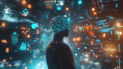 Aufkleber - Person Standing in a Futuristic Environment Surrounded by Digital Data and Technology While Engaged in Interactive Activities Related to Artificial Intelligence at Night