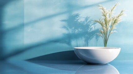 Poster - Minimalist Interior Design Featuring a Marble Surface, a Simple Bowl, and a Slender Plant Vase Against a Blue Wall in Bright Daylight