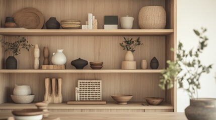 Poster - Minimalist Wooden Shelf Showcasing Neutral Pottery and Dried Flowers in a Contemporary Interior Setting During Daylight