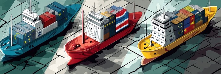 Poster - Cargo Ships Stranded by Tariff Walls Labeled USA, China, EU Illustrating Global Trade Tensions and Economic Barriers Generative AI