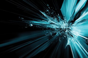 Poster - abstract digital explosion of teal shards radiating outwards on a black background. detailed streaks