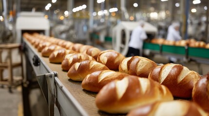 Poster - Freshly baked loaves move along a conveyor belt in an industrial bakery, illuminated by warm lights, while inspection tools are arranged nearby for quality checks
