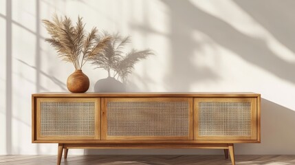 Poster - Stylish Wooden Furniture in a Bright Room With Natural Light, Showcasing Decorative Elements and a Warm Atmosphere