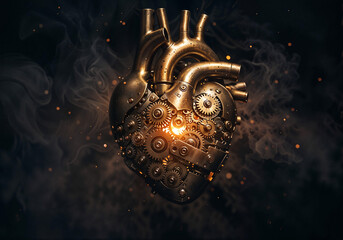 Poster - steampunk heart with mechanical parts . Generative AI