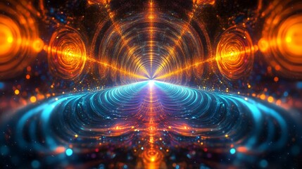 Poster - Colorful Illuminated Tunnel With Swirling Shapes and Vibrant Lights in an Abstract Digital Landscape at Night