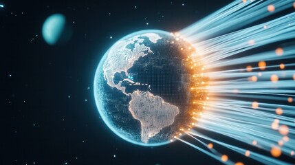 Poster - Global Connections: A luminous depiction of Earth interwoven with streams of radiant light, symbolizing the intricate network of global communication.