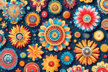 Poster - Vibrant floral pattern with layered, colorful,  3D flowers and circles on a dark background.  Detailed, intricate designs