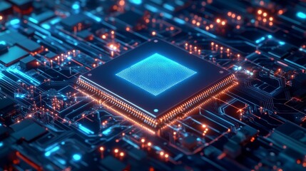 Aufkleber - High-tech Close-Up of a Computer Chip Glowing in Blue Circuitry at a Futuristic Technology Hub