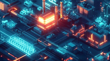 Aufkleber - Industrial Skyline at Night Showcasing Glowing Energy Lines and Futuristic Architecture With Illuminated Towers and Transmission Lines