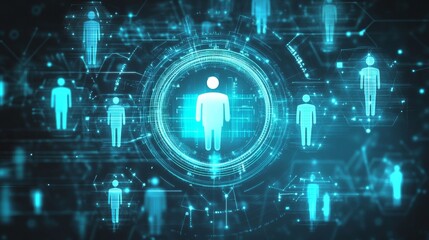 Poster - Digital Representation of Human Figures in a Technological Landscape Showcasing Advanced Data Visualization Techniques and Virtual Reality Elements