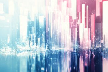 Poster - Futuristic cityscape with glowing, digital structures and reflections. 
