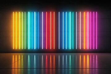 Aufkleber - colorful neon lights against a dark wall, reflecting on a polished floor. vibrant vertical lines of 