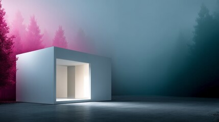 Poster - Cube-shaped modern home with luminous windows stands amid tall neon trees, creating an otherworldly atmosphere in a tranquil forest setting at twilight