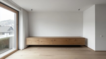 Poster - Wooden Dresser With Multiple Drawers Placed Against a Plain Wall in a Minimalistic Interior Space During Daylight