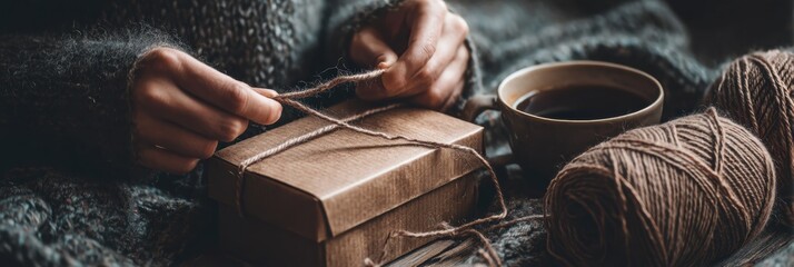 Aufkleber - Hands Tie Twine Around Rustic Brown Box in a Cozy Atmosphere With a Cup of Coffee Nearby, Creating a Warm Ambiance Generative AI
