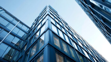 Leinwandbilder - Low-angle view highlights a contemporary building with sharp lines and expansive windows, illuminated by natural light in a serene environment