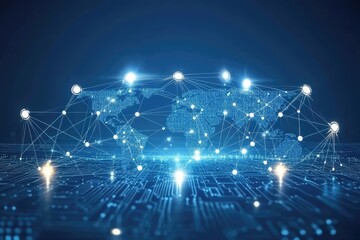 Poster - Global network interconnected with digital lines.  World map overlaid on circuit board, highlighting connections
