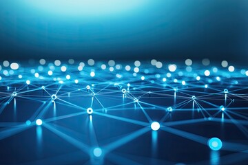 Poster - A network of interconnected points and lines, forming a complex digital landscape.  Blue glowing nodes and lines create a sense of depth and connectivity, suggesting a vast network