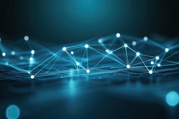 Poster - Abstract digital network of glowing points and lines.  A complex network of interconnected nodes, glowing softly, forming a wave-like pattern. The deep blue background enhances the luminous effect