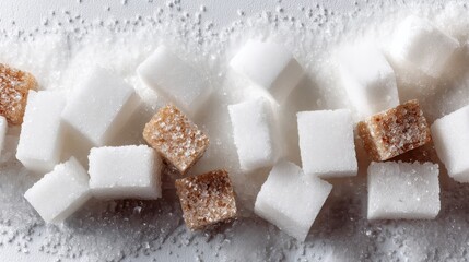 Poster - Macro close-up captures the beauty of sparkling white sugar crystals on a bright surface, ideal for culinary applications or dessert decoration