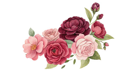 Fototapete - Beautiful arrangement of camellia and rose flowers in shades of pink and red, with lush green leaves, creating romantic and elegant floral design