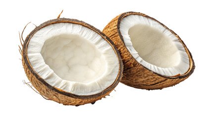 Poster - Two coconut halves showing white flesh isolated on transparency background, highlighting texture and natural appearance of fruit