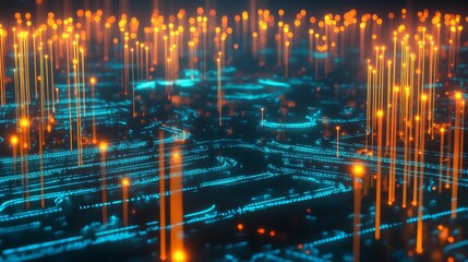 Fototapete - Network of Glowing Blue Lights Interconnected by Lines in a Dark Background Representing Digital Connections in Technology Environments