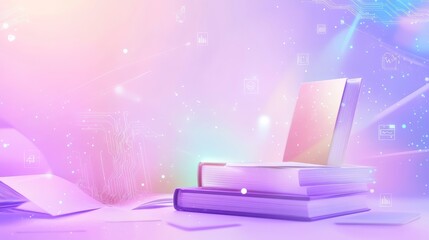 Aufkleber - Open Book Surrounded by Floating Digital Elements, Representing Knowledge and Innovation in Education and Technology