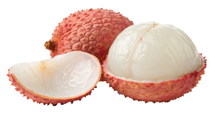 Poster - Peeled lychee showing white interior with textured red skin, no shadow. fruit is fresh and juicy, highlighting its tropical nature