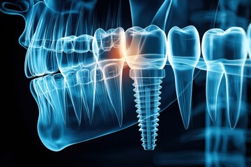 Aufkleber - Human Jaw X-Ray Showing Glowing Titanium Dental Implant in Place Within the Jaw Structure for Oral Health Assessment Generative AI