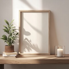 Poster - Elegant Display of a Blank Frame With Styled Decor on a Minimalist Shelf in a Cozy Room During Daylight, Creating a Serene Atmosphere
