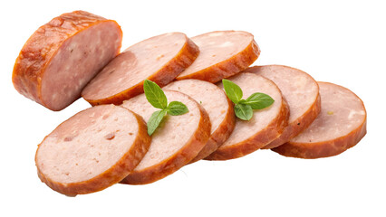 Poster - Sliced sausage ready for pan frying, isolated on transparency background, with fresh basil leaves for garnish. sausage has rich, savory appearance, perfect for cooking