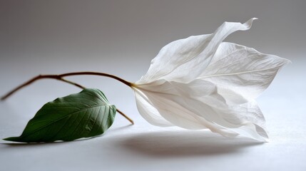 Leinwandbilder - Detailed macro shot captures the intricate texture of a white magnolia petal alongside a green leaf, set against a clean white background ideal for design purposes