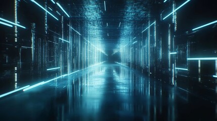 Aufkleber - Futuristic Corridor With Glowing Blue Lights Creating an Immersive Tunnel Illusion in a Digital Environment