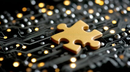 Fototapete - A single golden puzzle piece glows vividly against a dark circuit board backdrop, illuminated by scattered neon dots, creating an intriguing visual effect