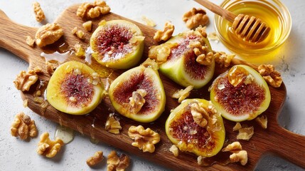 Poster - Sliced figs are artfully arranged on a rustic wooden board with walnuts and honey, creating a delightful scene perfect for showcasing fresh ingredients