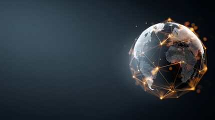 Fototapete - This artwork showcases a digital globe enhanced with luminous connection lines, representing international communication and technological advancement in a dark setting