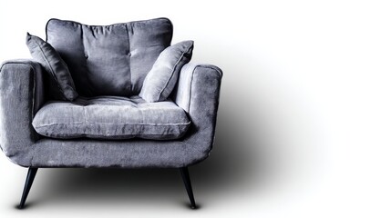 Poster - Charcoal gray armchair features minimalist lines and plush cushions, positioned against a clean white background perfect for showcasing interior design creativity
