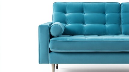 Poster - This plush teal sofa features tufted cushions and sleek chrome accents, creating a contemporary look. The clean white background enhances its vibrant color and design
