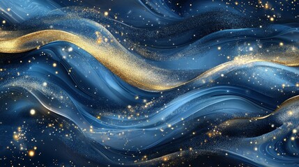 Aufkleber - Elegant Dark Blue and Gold Abstract Design With Flowing Patterns and Sparkles, Perfect for Creative Backgrounds and Modern Art Projects