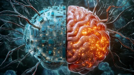 Aufkleber - Exploration of Artificial Intelligence and Human Cognition in a Dual-Brain Illustration Showcasing Technology and Neuroscience