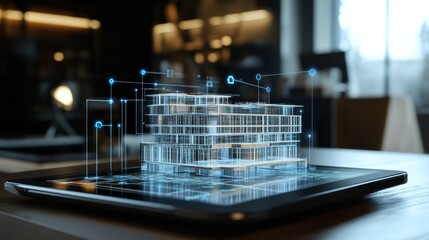 Aufkleber - Digital Cityscape Model Displayed on a Circuit Board Illuminated in Red and Blue Hues, Showcasing Futuristic Architecture and Technology Trends