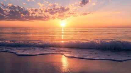 Poster - Sunset Over the Ocean With Waves Gently Lapping at the Shore During a Tranquil Evening Near a Beach