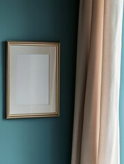 Poster - Sunlight Casts Soft Shadows on an Empty Frame and Beige Curtains Against a Teal Wall in a Tranquil Indoor Space