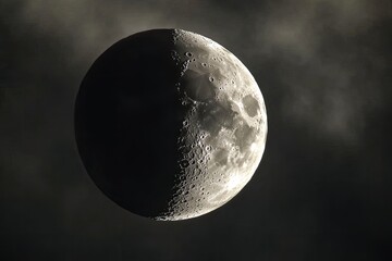 Wall Mural - half moon, slightly illuminated, through a hazy sky. detailed view of the moon's surface features