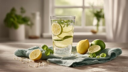Aufkleber - A glass filled with lime-infused water and fresh basil sits on a rustic wooden table, illuminated by soft natural light, perfect for a refreshing summer experience